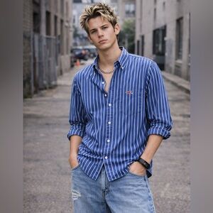 Hollister Blue White Stripe Button Down Shirt Men’s Small Cotton Logo Y2K